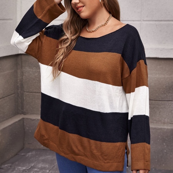 PLUS color block off shoulder knit sweater fall - Picture 2 of 4